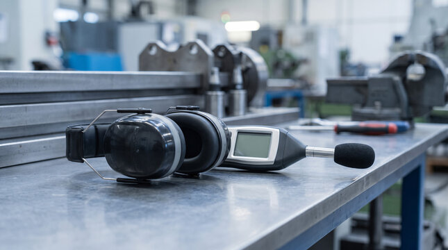 Industrial sound level meter next to protective black ear muff on metal workbench in factory