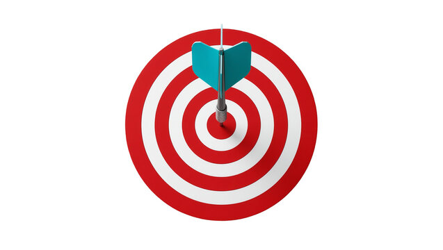 Blue dart hitting bullseye on red and white target, isolated on transparent background