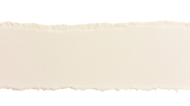 Rough torn beige paper strip with fibrous edges, isolated on transparent background