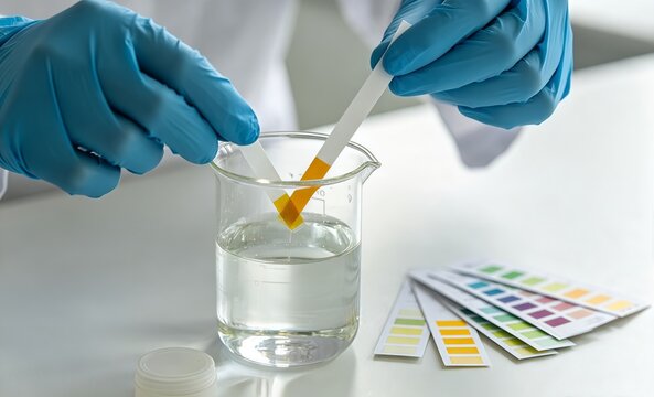 Close-up laboratory analysis of water acidity using a pH test strip and transparent glass container