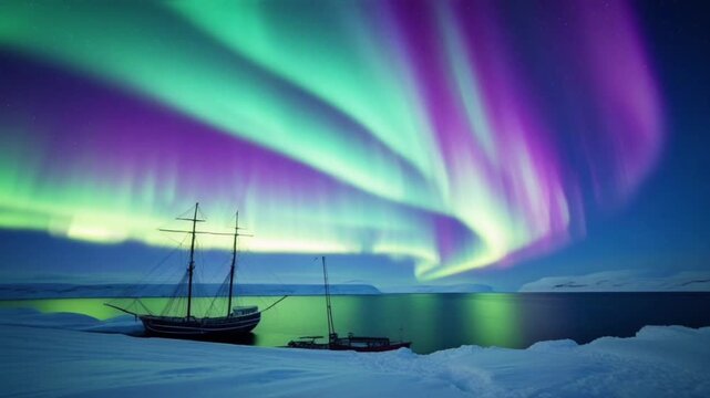 A spectacular natural scene in the Arctic region at night, where the green and purple Aurora Borealis (Northern Lights) dance majestically across the night sky.