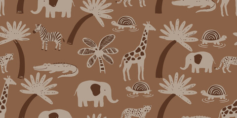 Obraz premium Seamless wildlife pattern with giraffe, zebra, elephant, crocodile, turtle and palm trees in warm brown and beige tones, handdrawn style for nursery textiles, wallpaper.