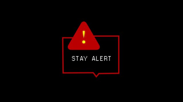 Warning box animation displays an exclamation mark and stay alert notices. Critical cybersecurity hazard alerts trigger on warning box animation. Threat alerts flash on the box.