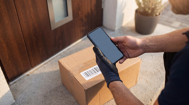 Courier scanning package delivered door step phone delivery service parcel package shipment logistics job worker professional