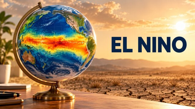 El Nino Globe with Pacific Warming and Cracked Drought Landscape