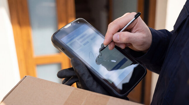 Delivery person holding parcel signing digital screen electronic device with stylus feeling professional and focused