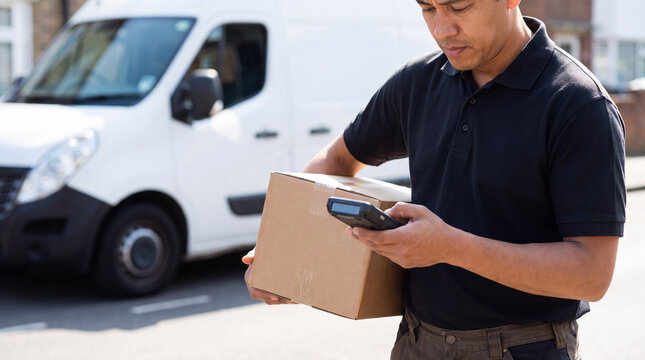 Professional courier worker checking parcel package using scanner device with focus and determination standing near white delivery van