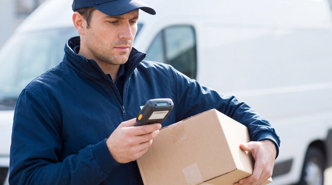Focused courier worker checking parcel package using electronic device with professional concentration and reliable service attitude