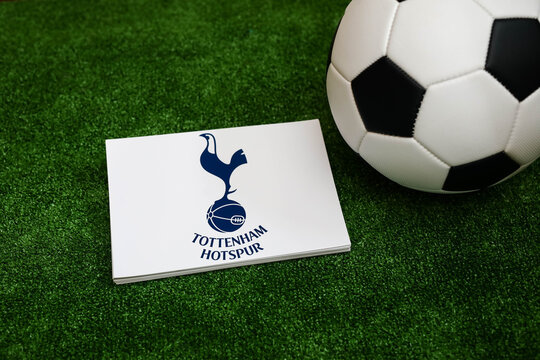 A soccer ball and the official logo of the English Premier League team Tottenham. Minsk, Belarus, September 26, 2026.