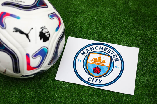 A soccer ball and the official logo of the English Premier League team Manchester city. Minsk, Belarus, September 26, 2026
