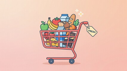 A red shopping cart filled with fresh groceries with dairy items against soft gradient background variety groceries © IMAGINATION STUDIO