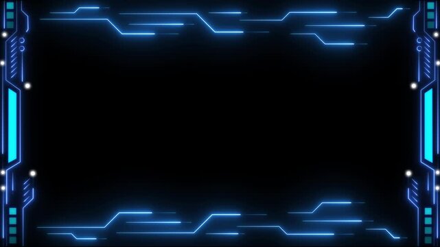 Digital frame animation displays high tech electronic circuitry borders. Motherboard computing telemetry overlays shape digital frame animation. Control panels use the frame.
