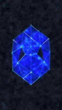Seamless loop of a glowing blue polygon crystal mesh rotating against a dark textured background.