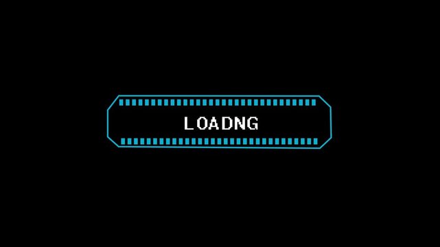 Loading bar animation displays pixelated status typography on black. System software buffering telemetry updates on loading bar animation. Verification runs on loading bar.