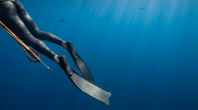 Spearfisher with speargun and long fins diving in deep blue ocean with sun rays