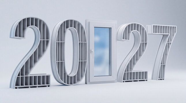 Sleek white PVC window frame profiles with double glazing panels and numbers two thousand twenty seven on a clean floor. Window manufacturing industry, business concept.