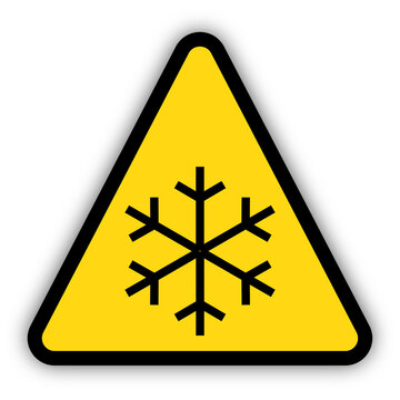 Yellow triangle warning sign with snowflake symbol for frost alert. Transparent background.