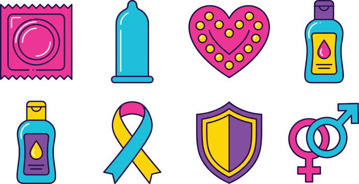 Bright flat safe sex vector icon set featuring foil wrapper condom birth control pills lubricant ribbon protective shield and gender symbols