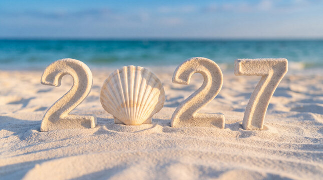White numbers two thousand twenty seven and an elegant seashell on sandy beach by the turquoise sea. Travel agency vacation concept, tropical tour, New Year.
