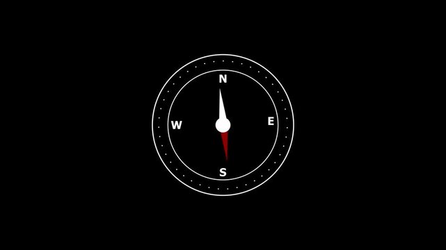 Compass rose animation displays an active directional needle on black. Geographic exploration waypoint telemetry guides compass rose animation. Coordinates route on compass.