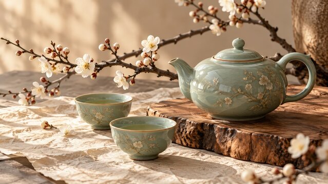 Tetera y tazas tradicionales coreanas con c&aacute;lida luz natural