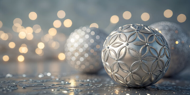 Silver christmas ornaments with intricate patterns and glowing bokeh lights in the background