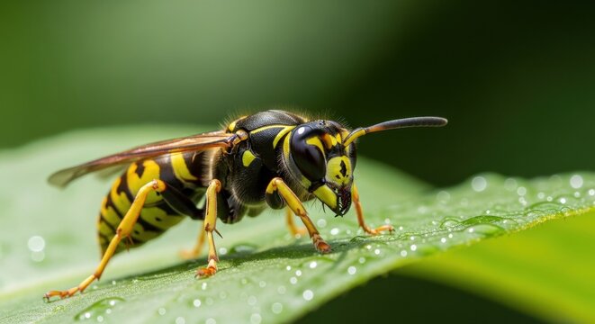 European Wasp Close Up On A Vibrant Green Leaf With Morning Dew Drops In A Macro Photography Shot Highlighting The Apex Predator Of The Garden In The Wild