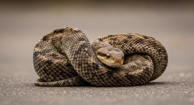 Defensive Coiled Snake On Gravel Road Surface In Wild Habitat With Detailed Scales And Natural Camouflage For Wildlife Safety And Reptile Education Study Guide