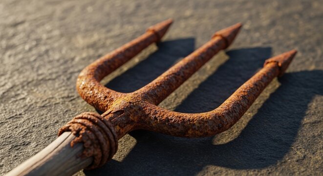 Rusty Vintage Pitchfork Head On Concrete Ground Close Up Photography, Weathered Farm Tool With Three Tines And Wooden Handle, Rustic Aged Metal Implements For Agriculture, Outdoor Garden Equipment In