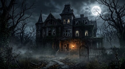 Obraz premium An eerie abandoned Victorian mansion at night under a full moon with spooky fog and glowing lantern light.