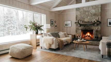 Obraz premium Cozy Fireside Retreat: A warm and inviting living room features a crackling stone fireplace, comfortable sofas, and large windows showcasing a snowy landscape, creating a perfect winter sanctuary.