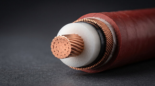 High voltage electrical power cable cross section K showing intricate copper wire structure and insulation layers in detailed macro view