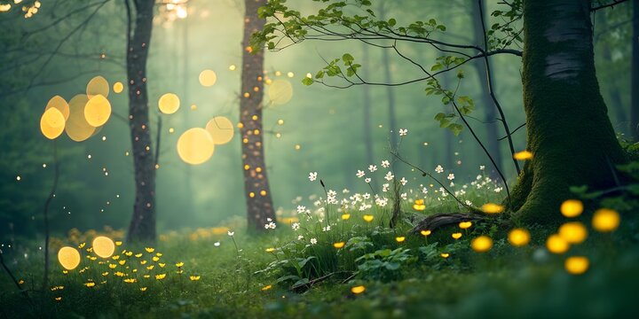 Magical fireflies glowing in a deep dark misty forest at night