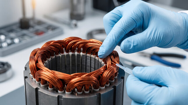 Professional technician carefully examining copper winding, metal core, electric motor component, industrial repair, focused attention