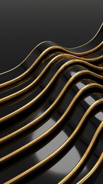 Luxury black obsidian gold diagonal wave mobile topography background, vertical 9 by 16 parallel sinusoidal stepped contour ribbons with molten gold rims for private banking wealth management app ui