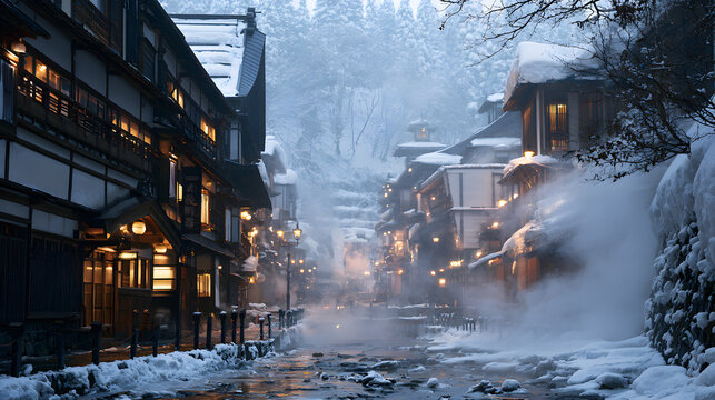 Regional Japanese hot spring town in winter with copy space