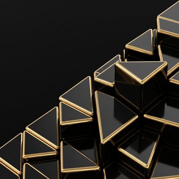 Luxury black obsidian gold trigonal prism topography geometric relief, square 1 by 1 triangular pyramid stepped terraces with molten gold rims for private wealth management VIP medallion branding