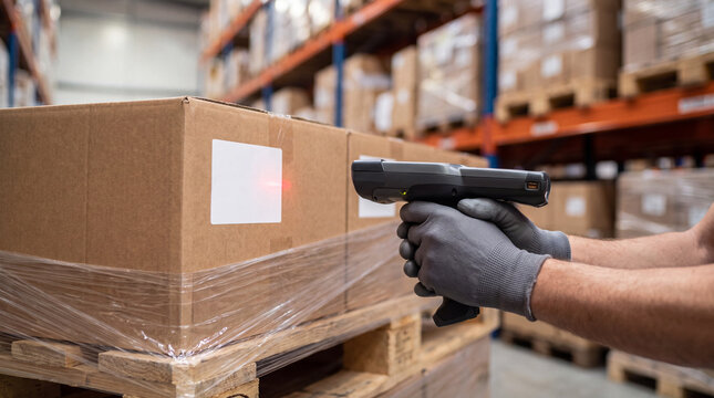 Warehouse worker scanning package box pallet with focus using laser reader device in shipping facility logistics distribution center