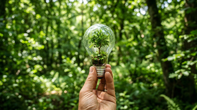 Nature's Brilliance: A human hand holds a transparent light bulb, inside which a young tree grows, set against a lush, sun-dappled forest backdrop.