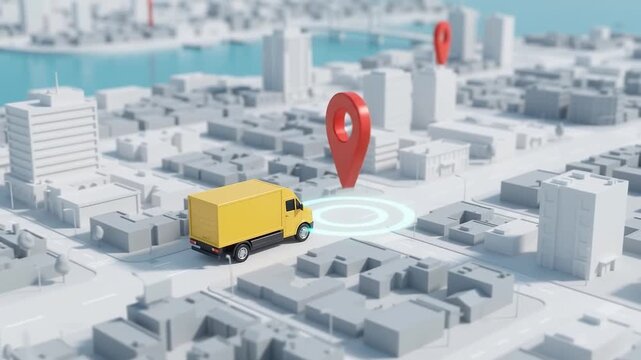 Delivery truck with map location and logistics in business city