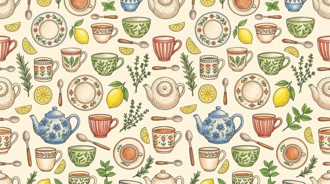 Vintage tea party seamless pattern with hand drawn teapots cups saucers and lemons