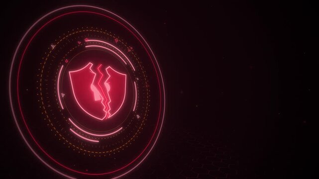 Red 3D security shield breaking cyber attack alert on black background