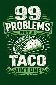 99 Problems But A Taco Ain't One Vintage Distressed Green Food T-Shirt Graphic Design Mexican Cuisine Chili Pepper Illustration Retro Typography Streetwear Apparel Digital Print Tote Bag Sticker Art P