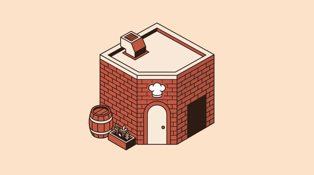 Isometric red brick restaurant or bakery building vector illustration with chef hat icon, barrel, and bottle box on peach background