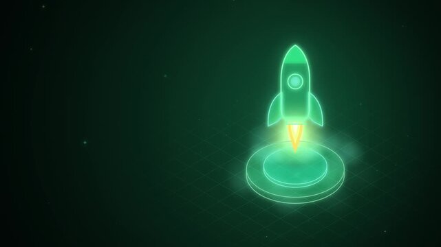 Isometric startup rocket lifting off from launch pad on dark green