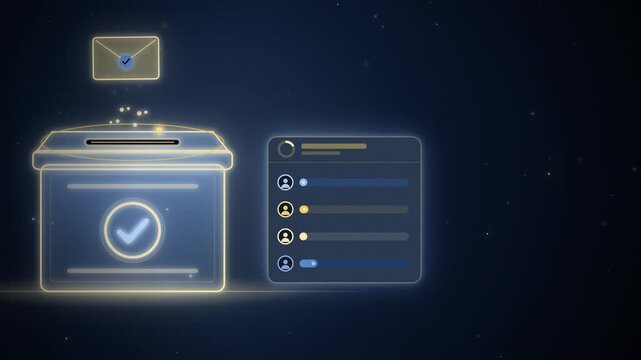 Ballot box with votes counted into tally bars on navy blue background