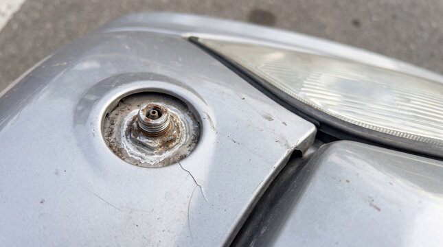 Close up of a damaged silver car fender with a broken antenna mount