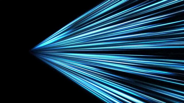 Abstract blue light streaks radiating from a single point on a black background