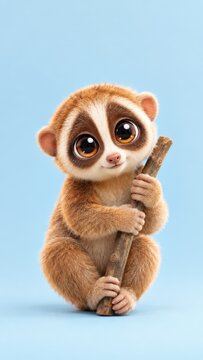 Adorable 3D Rendered Baby Sloth Clutching A Wooden Stick On A Soft Blue Background, Featuring Big Cute Eyes, Fluffy Brown Fur, And A Sweet Smiling Expression In A High Quality Digital Illustration Sty