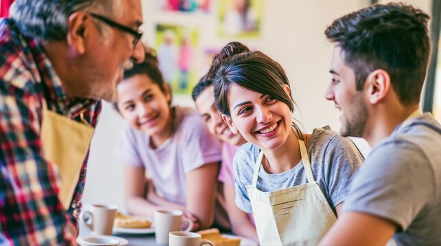 A family shares stories and laughter over coffee and pie in a modern home. Candid expressions highlight intergenerational connection and warmth after Thanksgiving dinner.